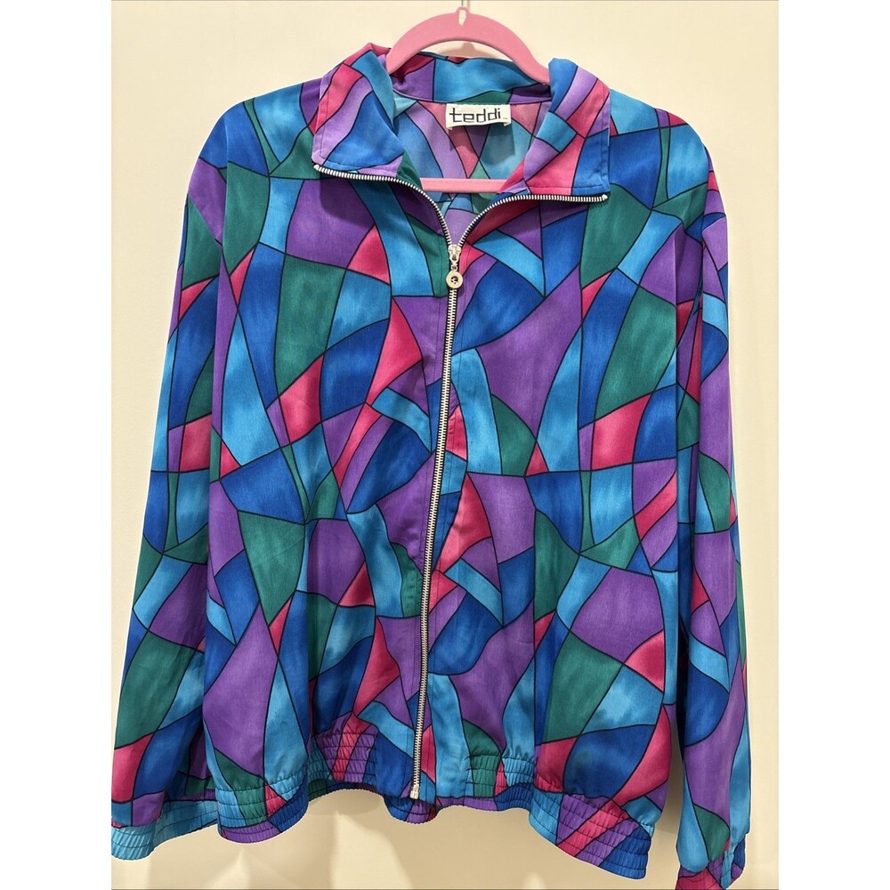 vintage Teddi Stained Glass Track Jacket featuring a colorful, geometric, Size L